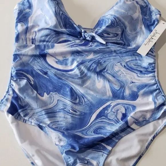 NWT Nicole Miller Women's Plus Size One Piece Swimsuit Blue Tropic Swirl - Picture 4 of 7